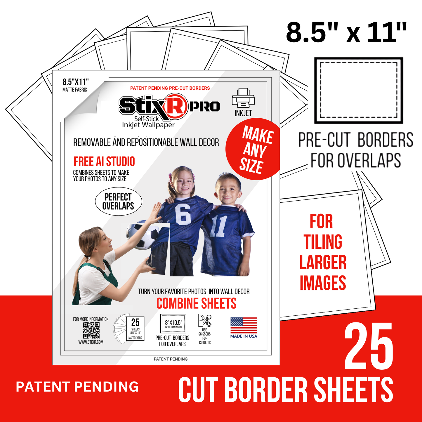 25 PACK           8.5" x 11" CUT BORDER  StixR SHEETS  / FOR TILING LARGER IMAGES