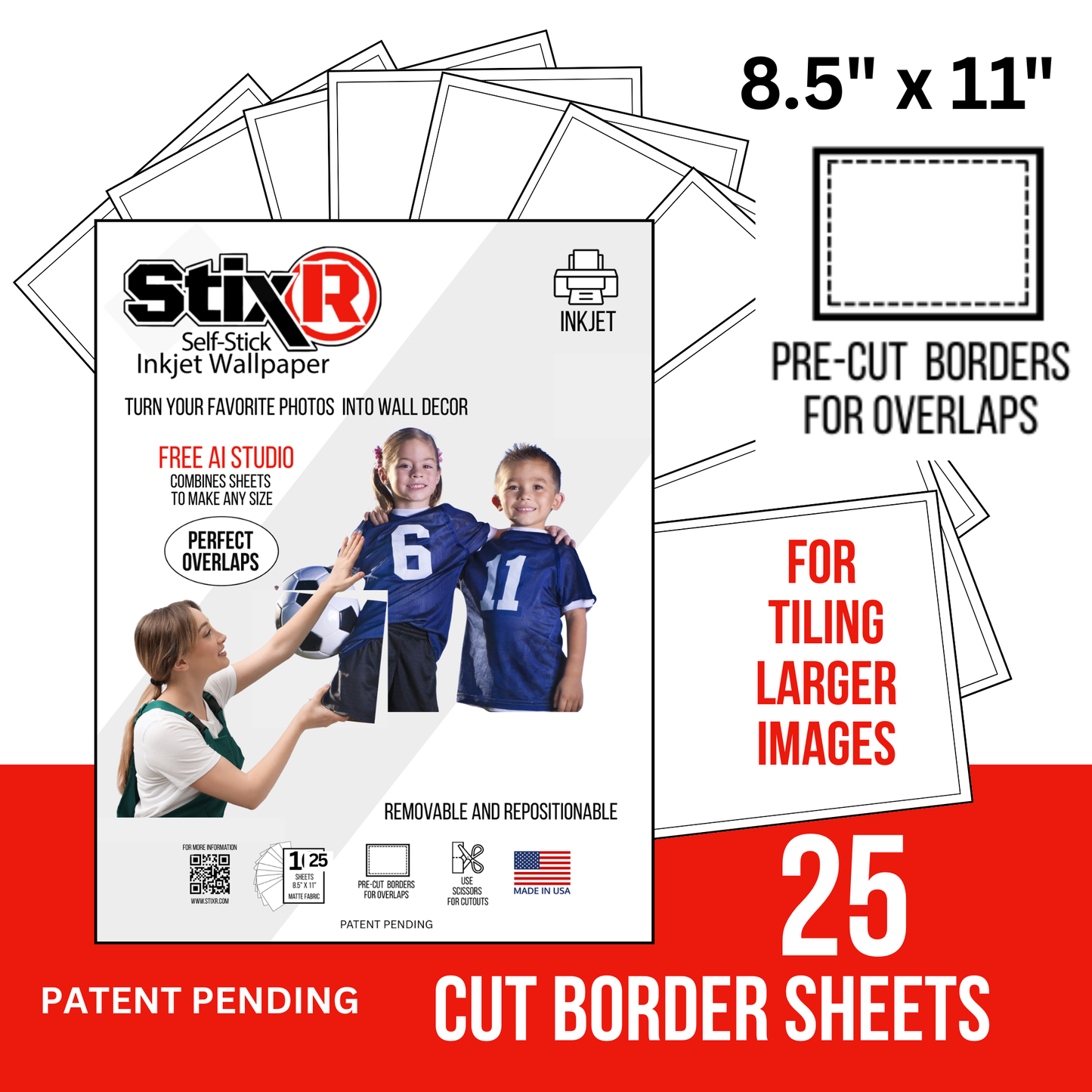 25 PACK           8.5" x 11" CUT BORDER  StixR SHEETS  / FOR TILING LARGER IMAGES